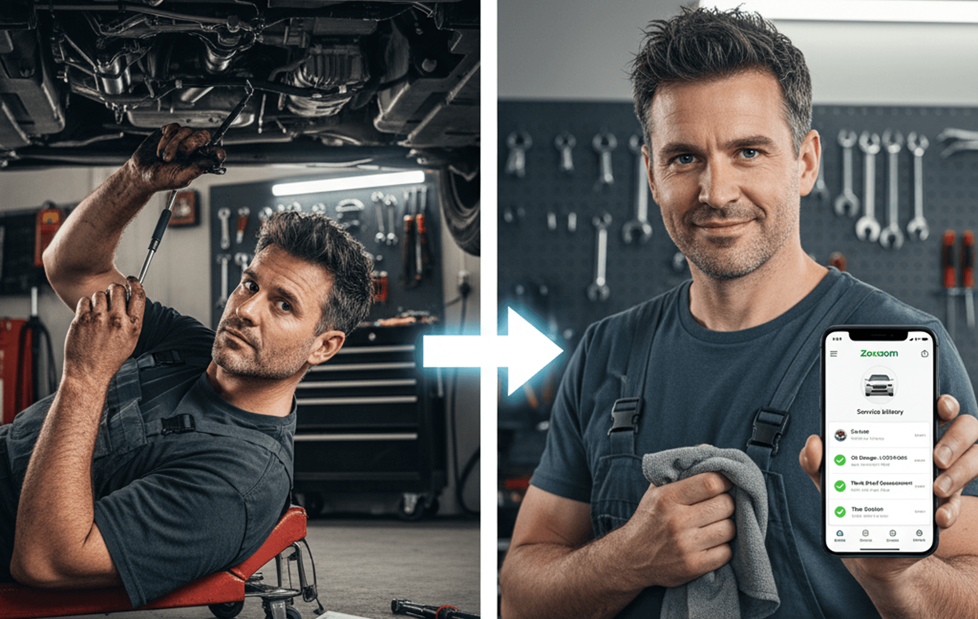 DIY mechanic working on car engine with tools and digital tracking device